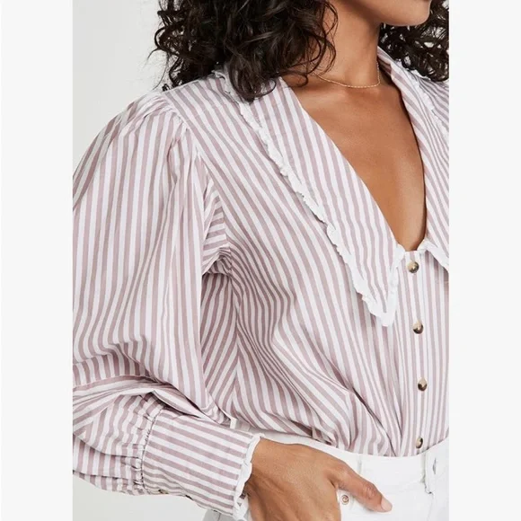 Free People Bexley Cotton Striped Blouse Button Up Puffed Sleeve Lace NEW M - Picture 4 of 15